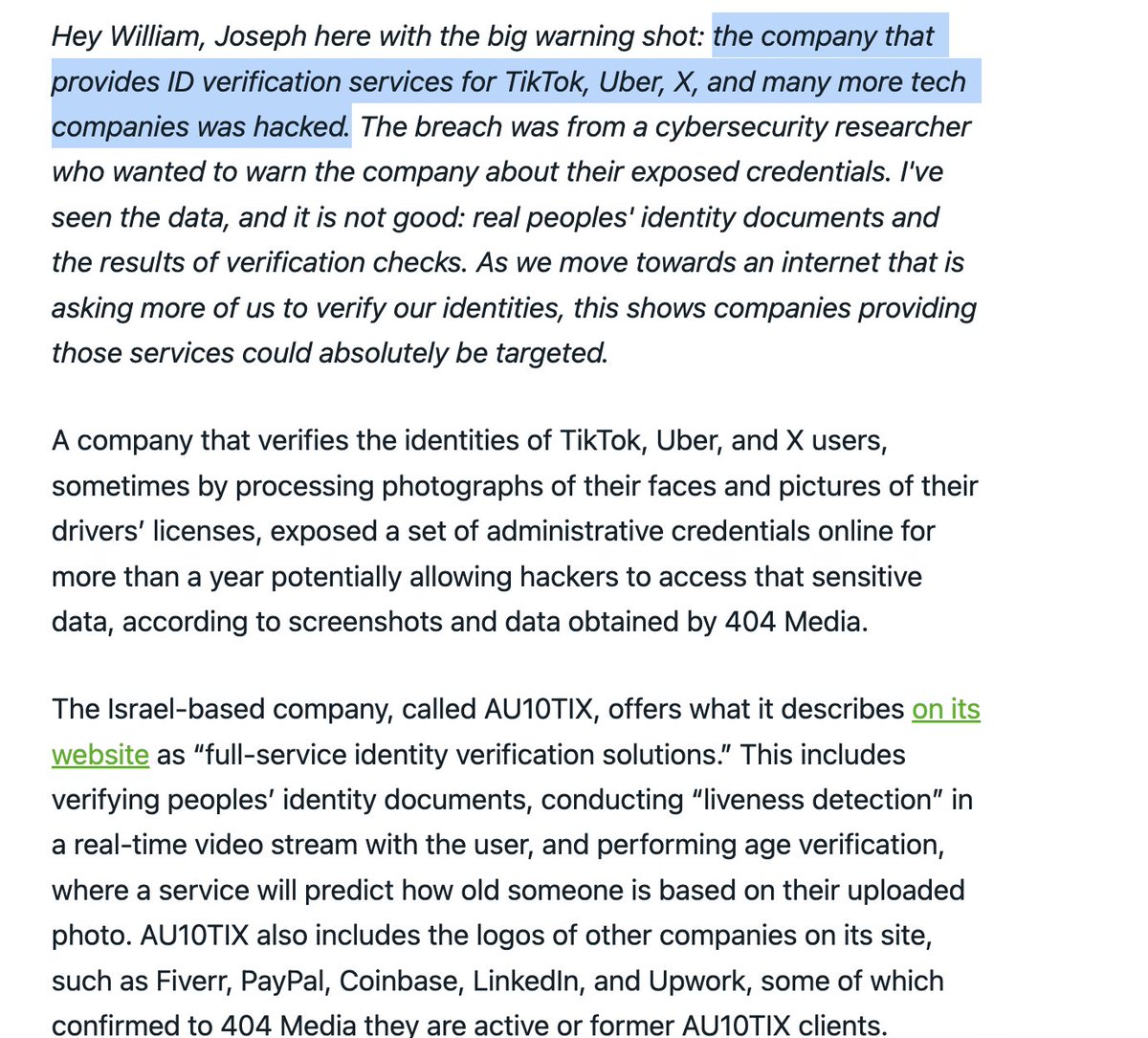 WHO FUCKING TOLD YOU I TOLD YOU WHEN DID I TELL YOU A LONG TIME AGO 

Big Tech’s ID Verifier Hacked