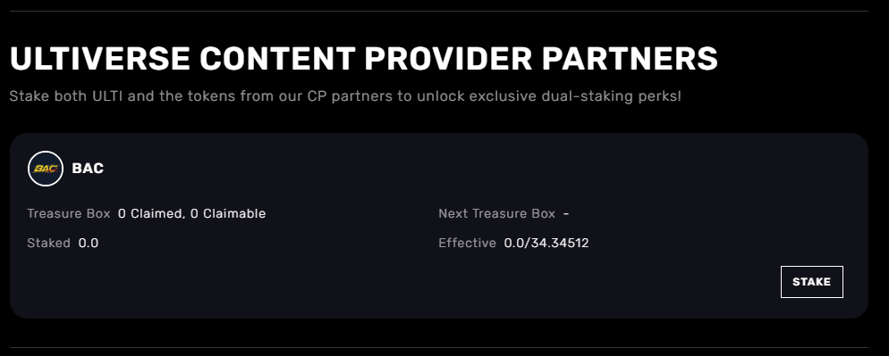BAC Staking on the Ultiverse platform is live now!

🔗 rewards.ultiverse.io/stake

As one of UltiverseDAO's core ecosystem partners, we are thrilled to announce that BAC_Web3 has joined the Ultiverse staking platform!
