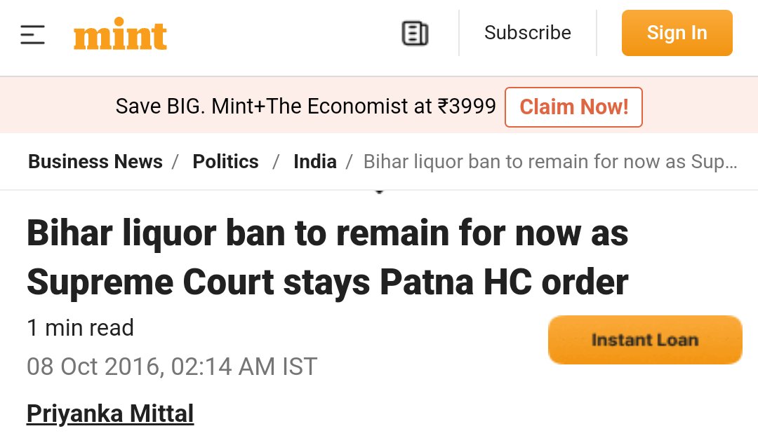 XNews_IN's tweet photo. @OdishaReporter On Sept 30,2016 Patna High court ruled that : Alcohol ban by Bihar Govt is "illegal, impractical and unconstitutional"
On 3 Oct 2016, the Bihar government approached Supreme Court challenging the HC order. CJI T. S. Thakur stayed the Patna high court order. https://t.co/tsSB7AcuOB