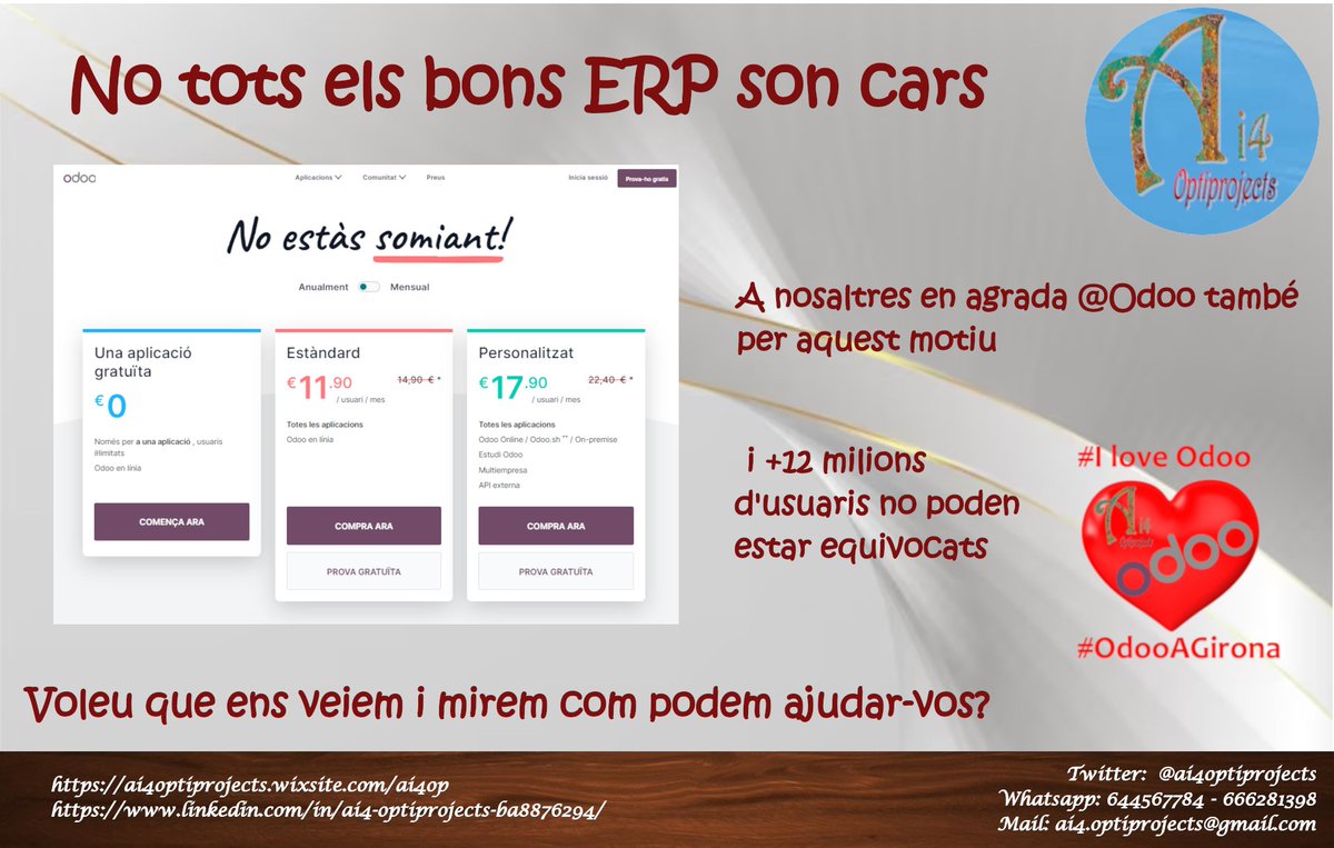 Ai4Serveis's tweet photo. Software de #CodiObert (Gratuït majoritàriament) que ens permet adaptar els nostres procediments i costums de treball de manera més optima i econòmica...
Per això, perquè volem que treguis el màxim rendiment possible del teu sistema informàtic nosaltres treballem #OdooAGirona https://t.co/pPHGvTdfJ9