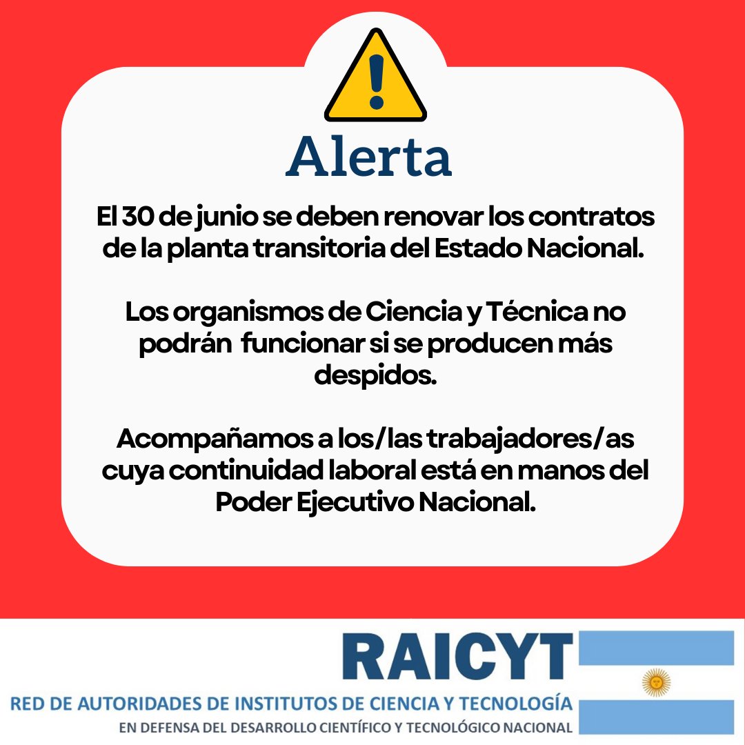 El 30 de junio se deben renovar los contratos de la planta transitoria del Estado Nacional.

Los organismos de Ciencia y Técnica no podrán funcionar si se producen más despidos.

Acompañamos a los/las trabajadores/as cuya continuidad laboral está en manos del PEN.