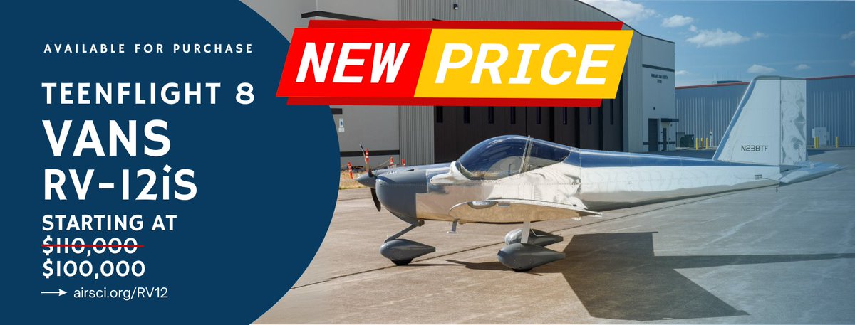 We’re reducing the starting bid price of our TeenFlight RV-12iS to just $100,000 (or buy it now for $120,000). 

Bid or buy it now on our auction page givebutter.com/c/VansRV12/auc…

Sale Ends Jun 30, 2024 5:00 PM PDT

airsci.org/rv12