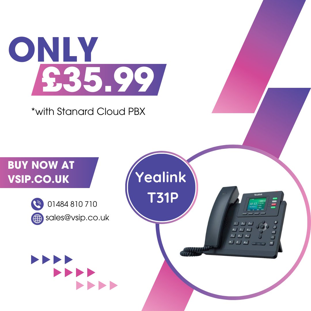 vsipvoip's tweet photo. 📢 Special Offer Alert!
Get a high-quality phone for just £35.99 with our Standard Cloud PBX service! Enjoy seamless integration, enhanced features, and reliable cloud communications.
Contact us today at 01484 810 710
#BusinessOffer #CloudPBX #PhoneDeal #LimitedTimeOffer https://t.co/9j5wLLnZSX