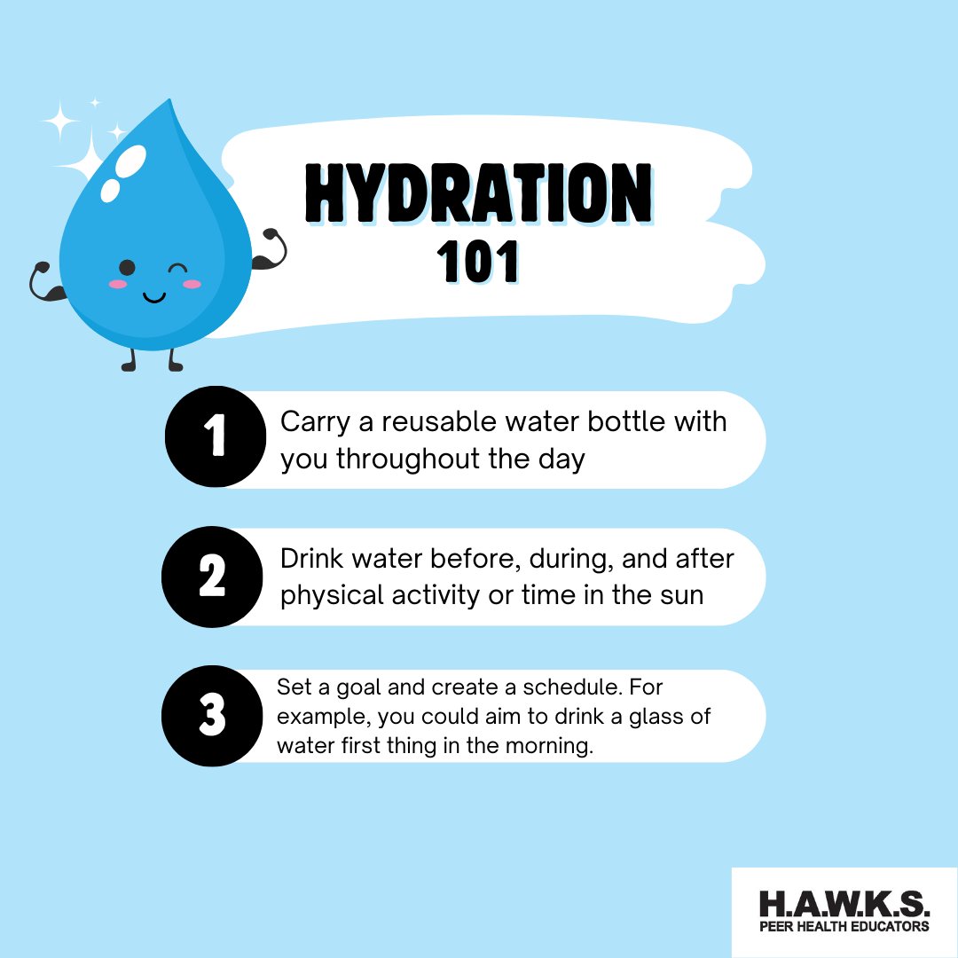 HAWKShealthzone's tweet photo. Did You Know: The Centers for Disease Control and Prevention (CDC) recommends drinking water BEFORE you are thirsty. 

Swipe left to learn more about staying hydrated this summer!

#HAWKSPeerEd #MiamiOH #MiamiAlum #WellnessWednesday https://t.co/bFQh2odr8t