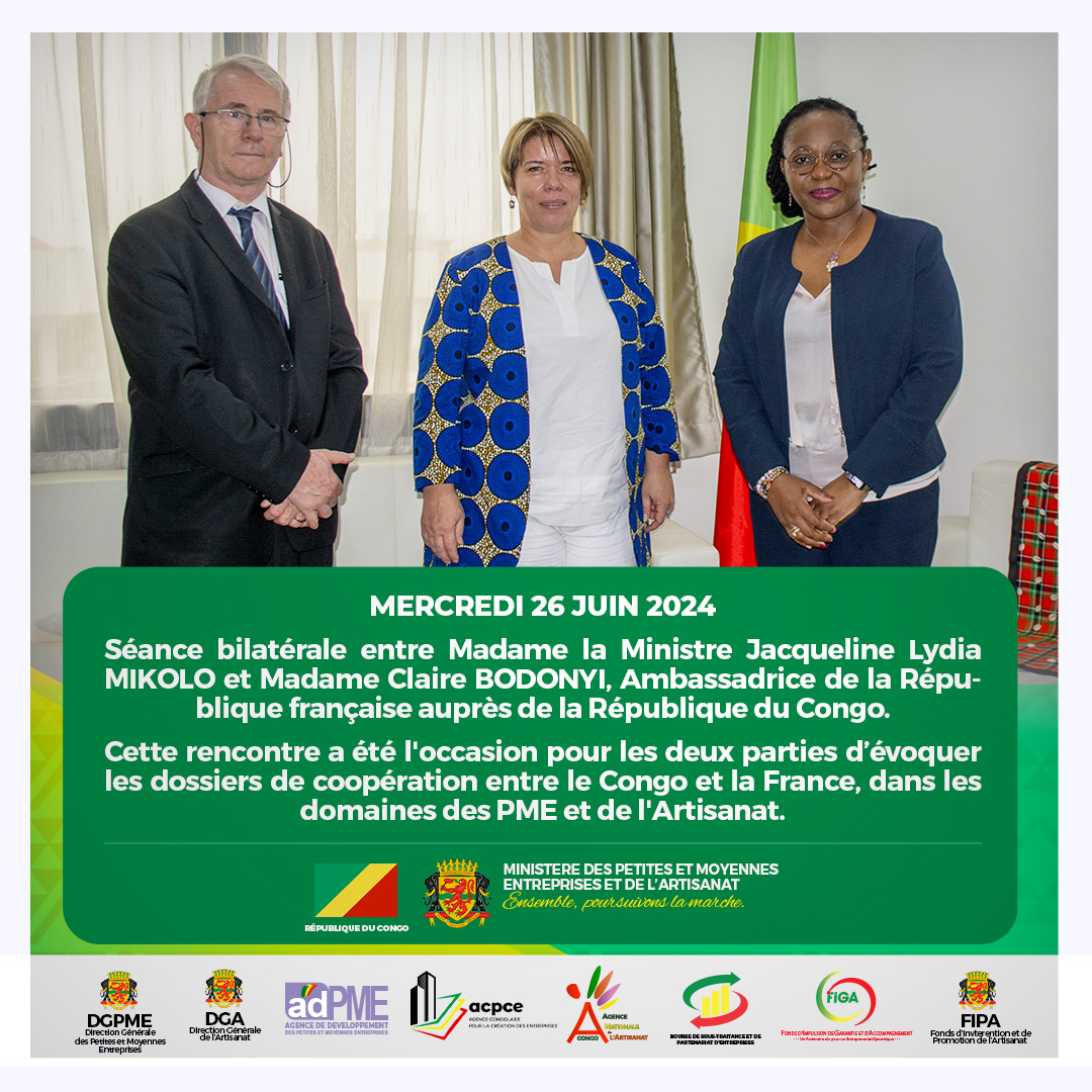 Mercredi 26 juin 2024
Séance bilatérale avec Madame Claire BODONYI, Ambassadrice de la République française auprès de la République du Congo.
Occasion pour les deux parties d’évoquer les dossiers de coopération entre les deux pays, dans les domaines des PME et de l'Artisanat.