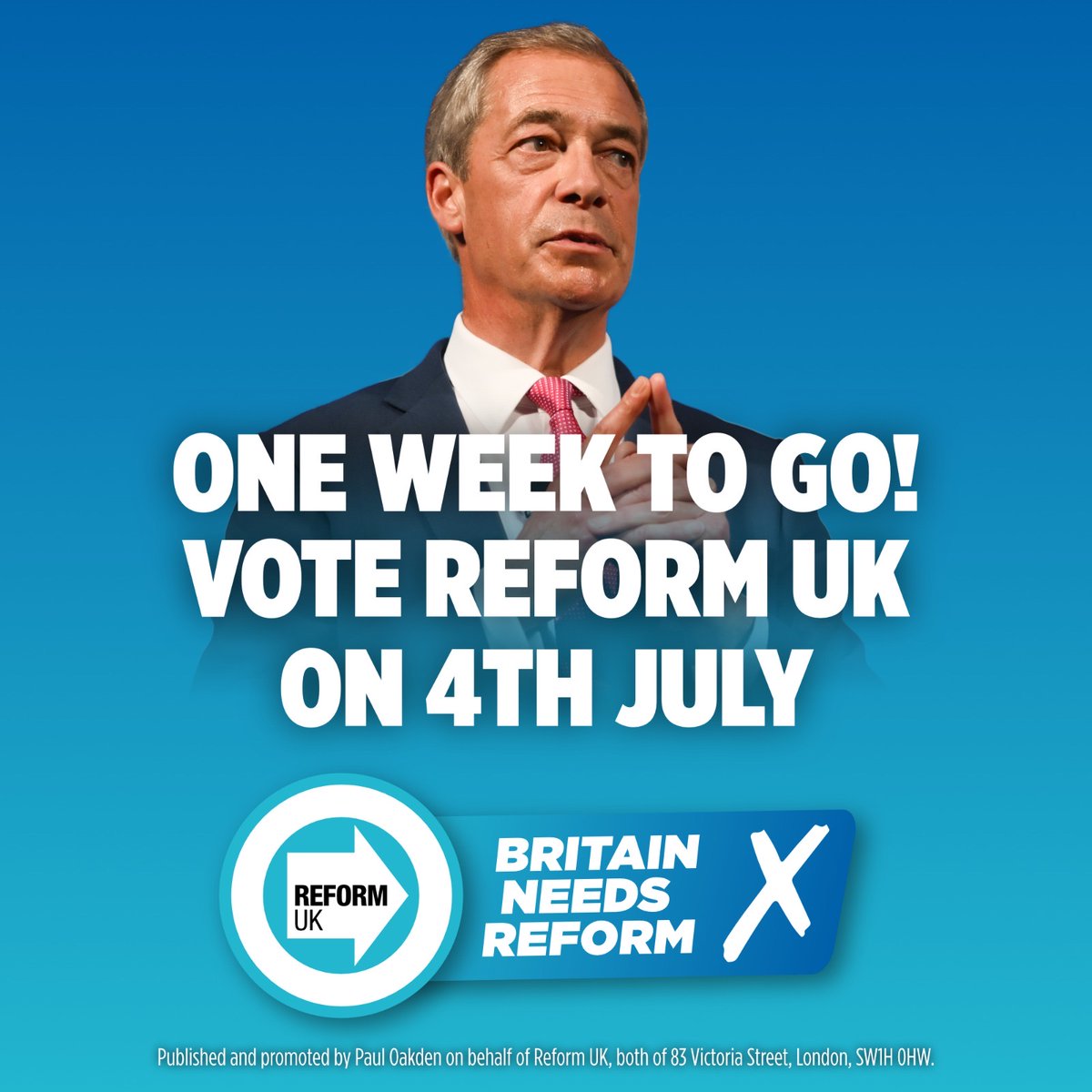 reformparty_uk's tweet photo. The election is just a week away. 

This is the immigration election.

Vote Reform UK next Thursday to freeze immigration. https://t.co/RlOyZ1m5cT