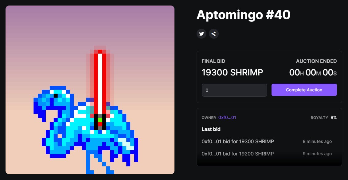 The first auction has concluded - on to the next!

Congratulations to the new owner of Aptomingo #40! 

They managed to snag it for 19,300 SHRIMP (~$334), an absolute banger of a deal.

In an hour we'll announce the next one, and later tonight, a burn for SHRIMP consumed! 🔥