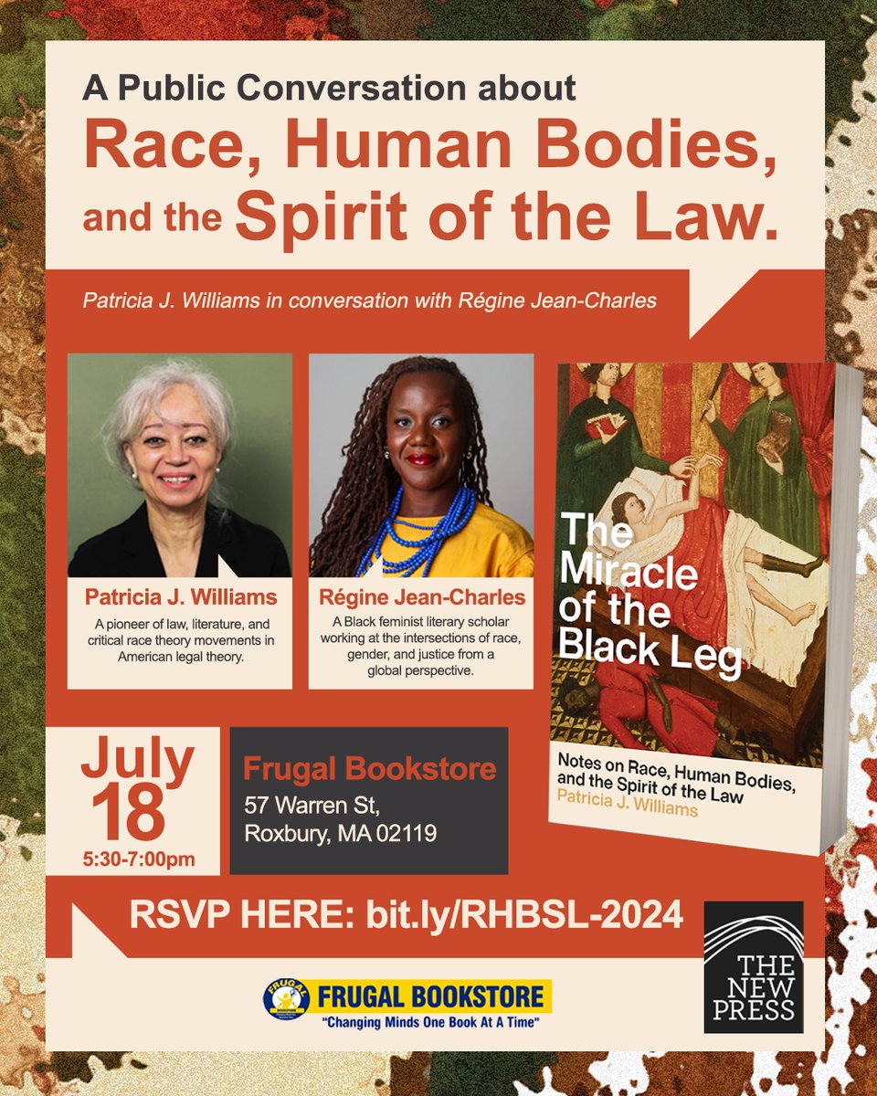 Join us in a few weeks on July 18th at Frugal Bookstore to hear from two of our Africana Faculty! Dr. Patricia J. Williams will be in conversation with Dr. Régine Jean-Charles about her most recent book, “The Miracle of the Black Leg”. The link to register is below or in our bio!