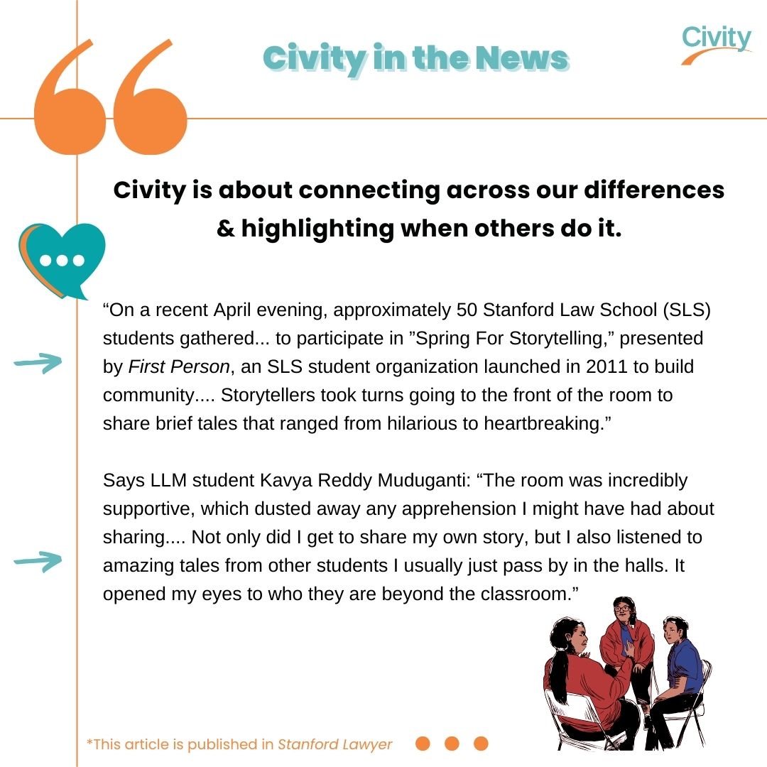 ThisIsCivity's tweet image. Stanford Law School (SLS) students gathered for "Spring For Storytelling" to build community through the power of storytelling.

Read the full article at: law.stanford.edu/stanford-lawye…

#thisiscivity #civityinthenews #civity #bridging #weallbelong #listenfirst #Stanford #StanfordLaw