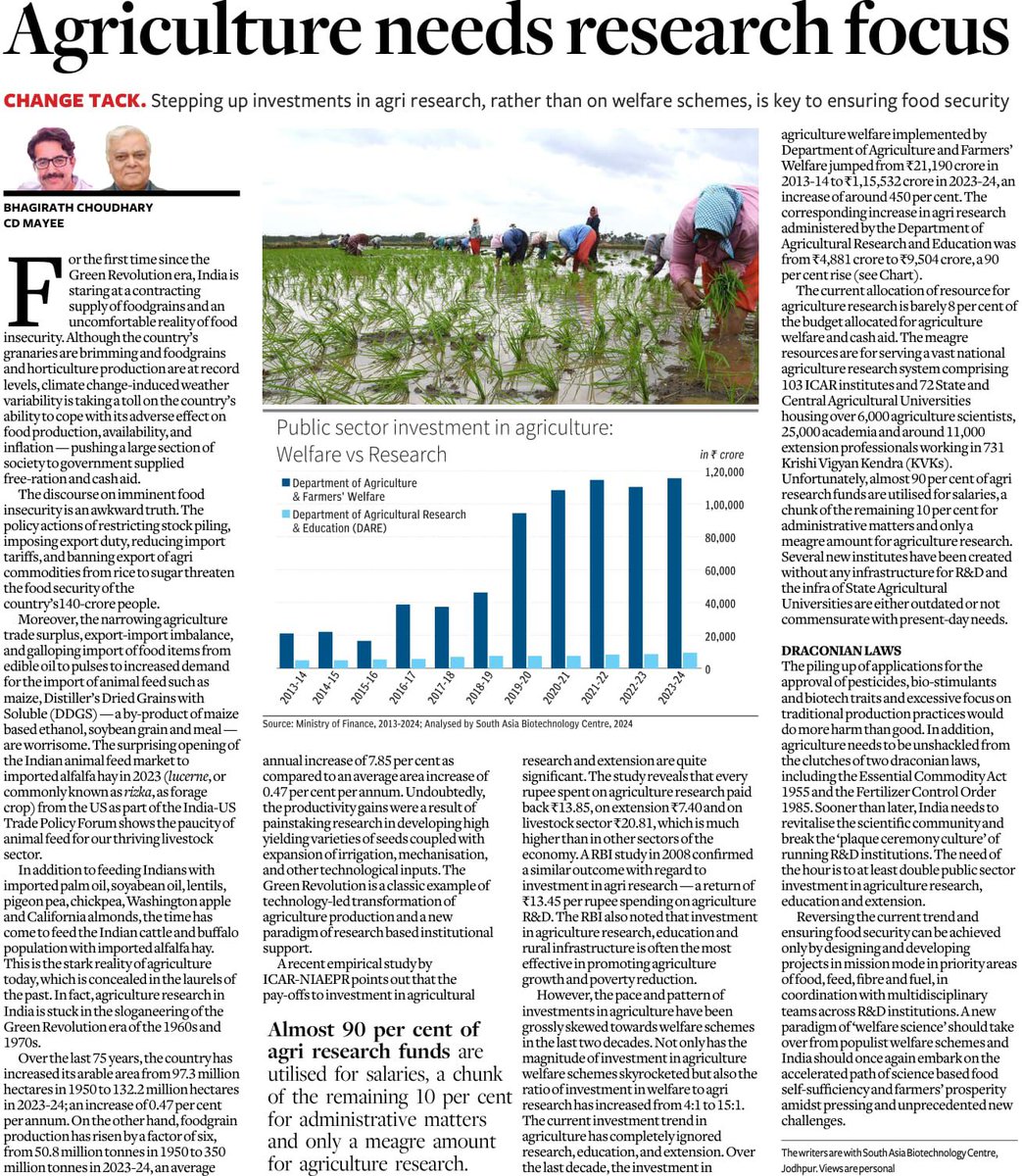 Agriculture is at a crossroad - हालात यह हैं कि सरकार ने अमेरिका से रीज़गा (गायों का चारा) आयात करने की स्वीकृती दी हैं। सही नीति निर्णय नहीं लिये गये तो खाद्य सुरक्षा का संकट फिर एक बार घर कर सकता हैं। हमारे अन्नदाता जलवायु परिवर्तन के चलते बेबस दिखाई दे रहे हैं। <a href="/businessline/">businessline</a>