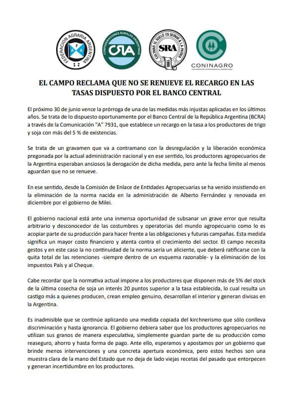 Mesa de Enlace pide no prorrogar sobretasa del 20% que aplica el BCRA a productores de trigo y soja que almacenan más del 5% de los granos de su cosecha.