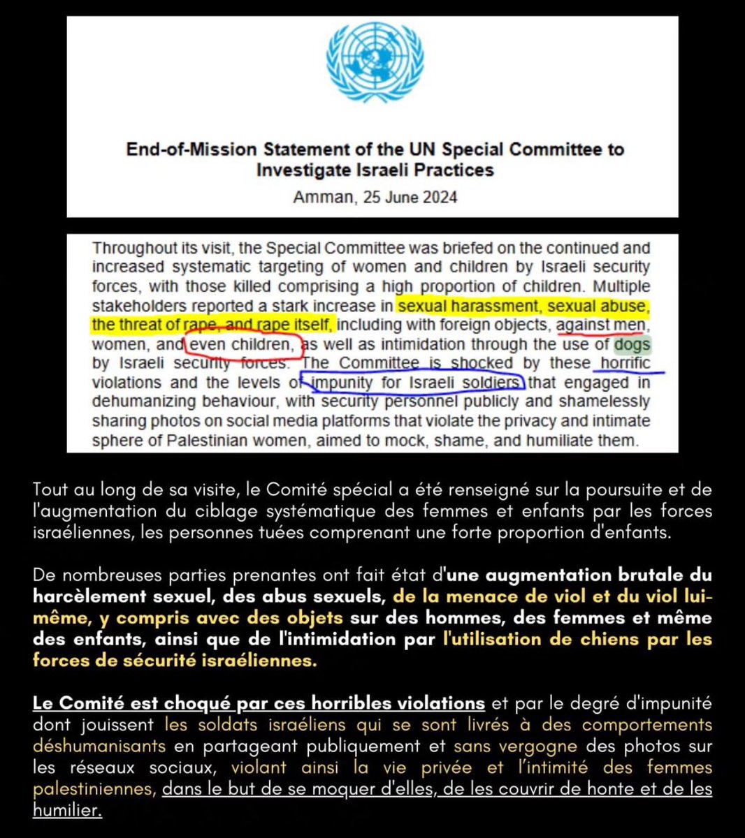 RimaHas's tweet photo. Des palestiniens violés en prison par des chiens de l’armée israélienne. 
Extrait du rapport de l’ONU publié hier par la commission spéciale chargée d’enquêter sur les pratiques israéliennes. @dalphee_dubois https://t.co/sP9kGbDUOp