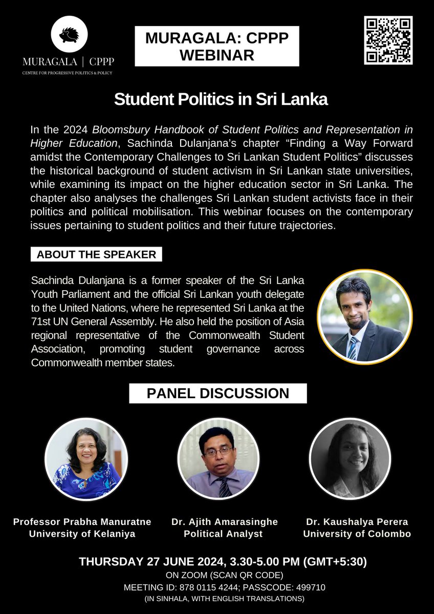 Revolutionist28's tweet photo. I am excited to announce that I will be joining as the speaker for the upcoming webinar on "Student Politics in Sri Lanka" organised by @Muragala_CPPP. trajectories. 

#StudentPolitics #HigherEducation #Universities #MuragalaCPPP #SachindaDulanjana #Lka https://t.co/9cLDDWfxow