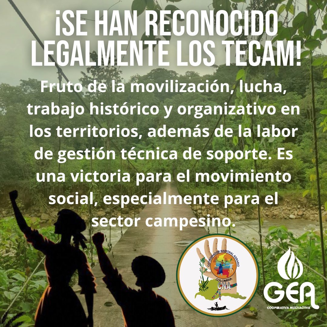 Este logro es el resultado de la lucha y la labor incansable de las y los campesinos en los territorios. 

 ¡Seguimos comprometidos en apoyar al <a href="/CNA_Colombia/">Coordinador Nacional Agrario | CNA-Colombia</a> A en la consolidación de los TECAM! 

💼🌾 #CNA #TECAM #ApoyoCampesino