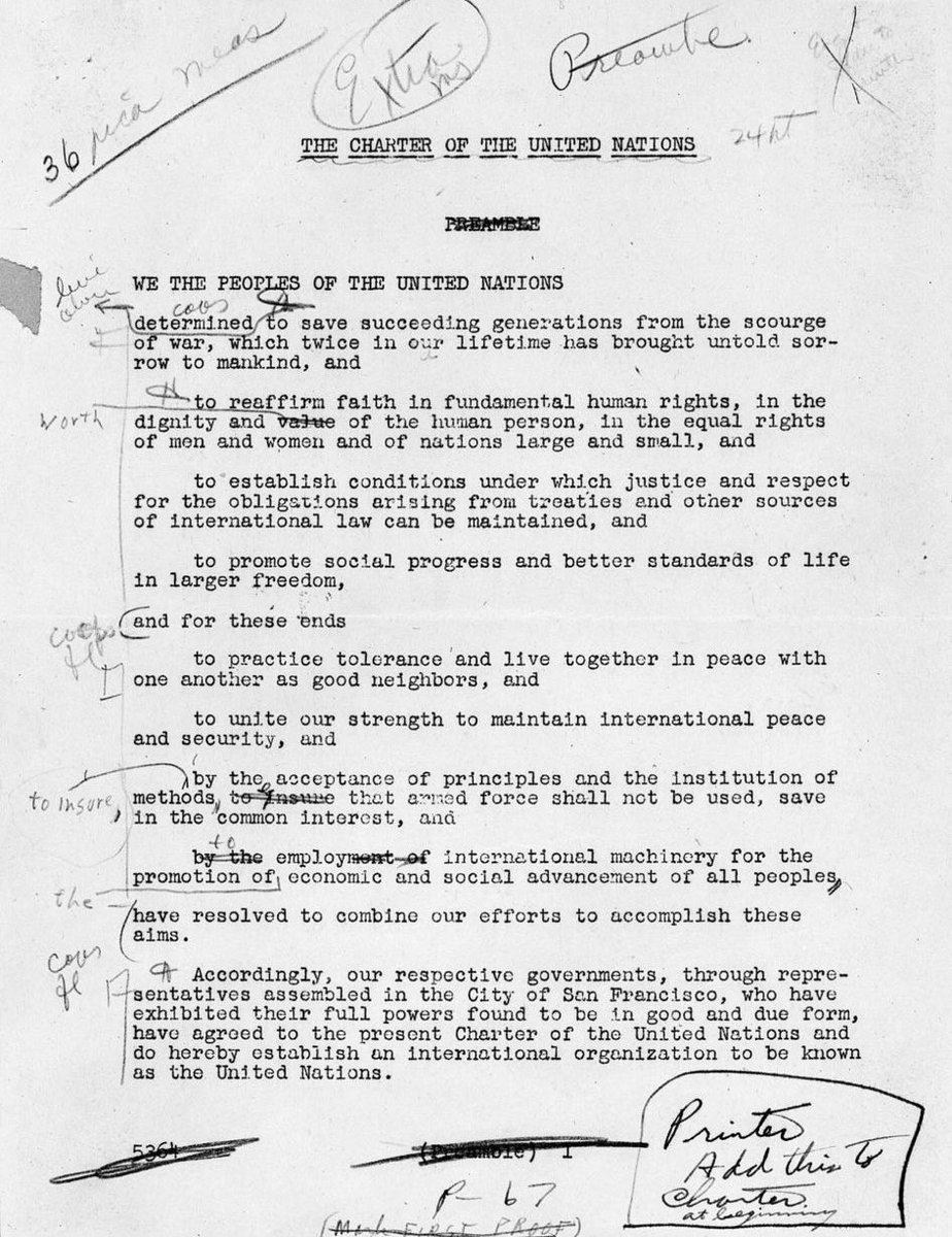 UN_PGA's tweet photo. Today, we commemorate @UN Charter Day.

79 years ago, representatives from 50 nations signed the UN Charter, establishing a cornerstone for global cooperation and peace.

This historic document remains as pivotal today as it was when it came into force on October 24 1945.

📷 ⤵️The original manuscript of the United Nations Charter preamble.
