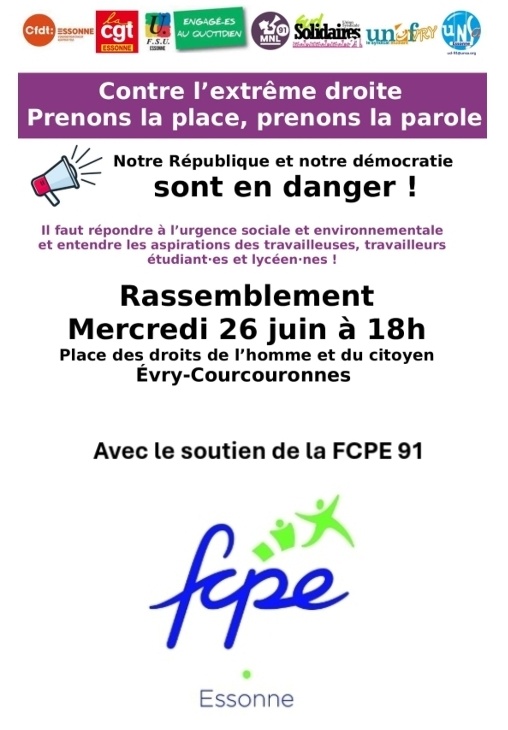 Samir_Alioua_'s tweet photo. 📢Contre l'extrême droite mobilisons-nous !
La #FCPE91 se mobilise et appel à réagir
🔴Rendez-vous ce mercredi 26 juin à 18h00 place des droits de l'homme et du citoyen à Evry-Courcournnes https://t.co/4wFDpvDlo9