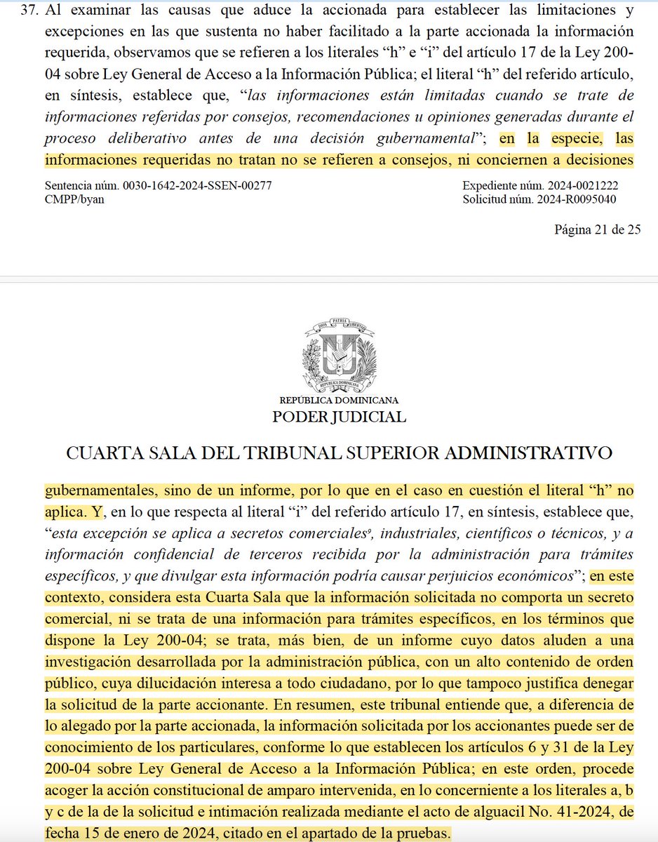 YANSEGURAM's tweet photo. Producto de una acción constitucional de amparo la cual interpusimos en representación de Jefte Ventura, de la Plataforma Hablando de Vehículos, resultó la sentencia número 0030-1642-2024-SSEN-00277, dictada por la Cuarta Sala del Tribunal Superior Administrativo en fecha Ocho (8) del mes de mayo del año Dos Mil Veinticuatro (2024). 

Sentencia mediante  la cual el órgano jurisdiccional le ha concedido al @MIC_RD, un plazo de treinta (30) días calendario para que entregue el informe de inspección completo, realizado por la empresa Alvepet a 965 estaciones de servicios, buques y distribución de gasolina Premium y gasolina Regular, desde diciembre de 2022 hasta agosto de 2023, proceso de referencia MICM-CCC-LPN-2022-0003, producto del contrato suscrito entre el MINISTERIO DE INDUSTRIA, COMERCIO Y MIPYMES (MICM) y la empresa Alvepet. 

El plazo otorgado por el tribunal vence el día 30 del mes de junio es decir en 4 días, luego de este plazo el gobierno dominicano sino entrega el estudio, entrará en franco desacato de una ordene judicial, en consecuencia el gobierno entrará en franca violación de la ley y la constitución. 

¡Esperamos que cumplan como deben de cumplir! 

El tribunal consideró que cito “la información solicitada no comporta un secreto comercial, ni se trata de una información para trámites específicos, en los términos que dispone la Ley 200-04; se trata, más bien, de un informe cuyo datos aluden a una investigación desarrollada por la administración pública, con un alto contenido de orden público, cuya dilucidación interesa a todo ciudadano”

#Jefteventura
#GasolinaGate
#Conocetusderechos