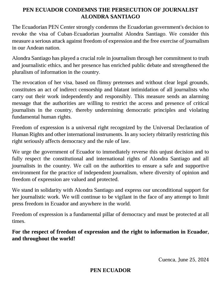 ecuador_pen's tweet photo. PEN Ecuador stands in solidarity with the journalist @cubalondra. We staunchly reject the Ecuadorian government's efforts to silence her voice and her legal right to freedom of expression via the revocation of her visa. https://t.co/03rhWTf6yR