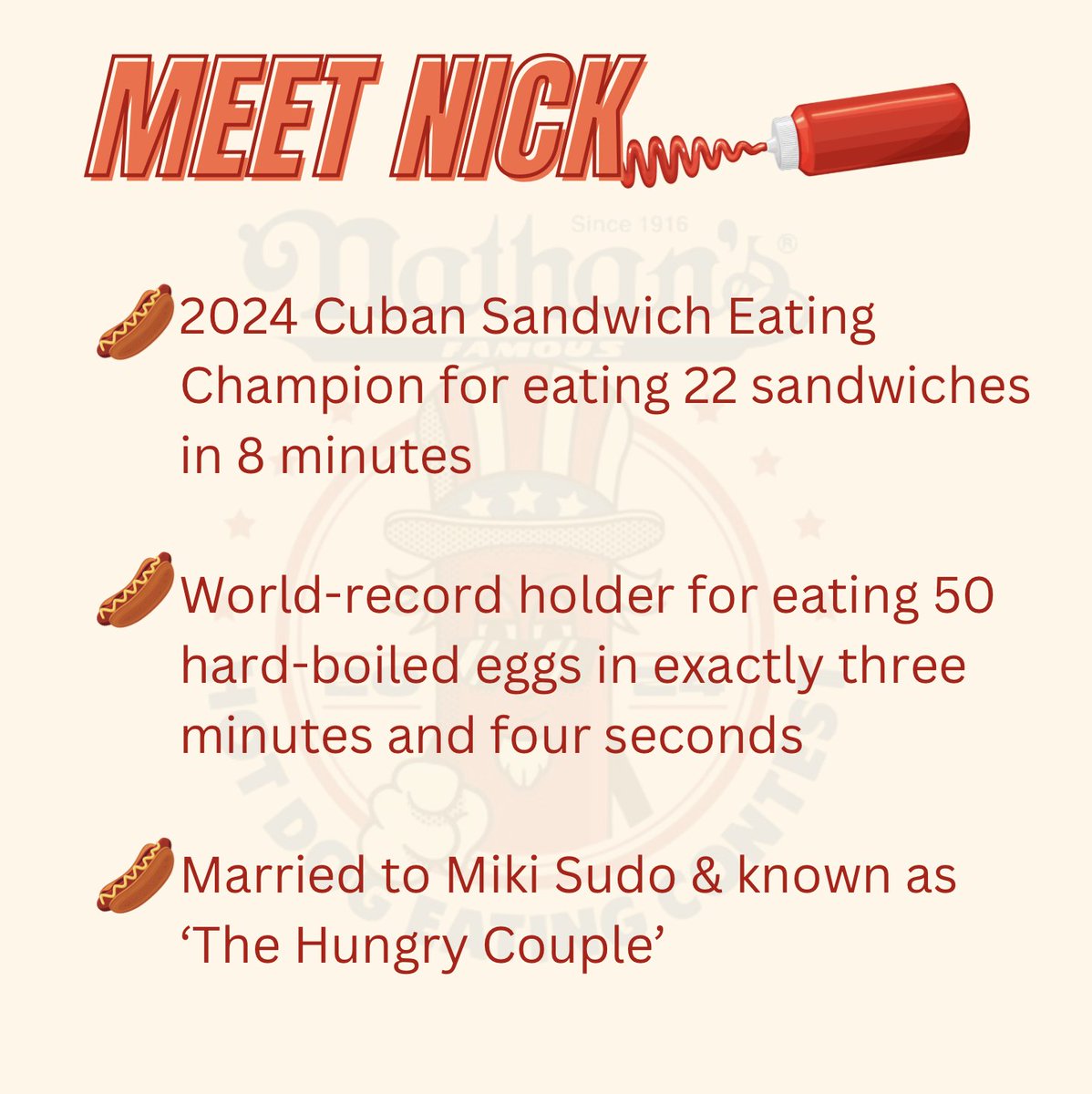 eatingcontest's tweet photo. Introducing @nickwehry
Nick will be competing as one of the Wild Cards at the 2024 Nathan’s Famous 4th of July Hot Dog Eating Contest!📷📷
#RoadToConey
#RoadToConey2024 #EatingContest #MajorLeagueEating #MLE #NathansFamous #NathansFourthOfJuly #HotDog #HotDogEating #ConeyIsland https://t.co/FZRnO5KW03