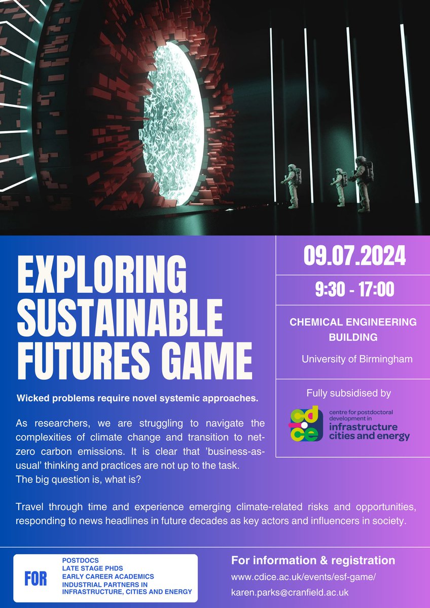 There are still FREE places available for researchers to attend Exploring Sustainable Futures Game! Participate in an immersive game workshop, hear from leading academics, and engage with others from the wider sector working towards decarbonisation.

cdice.ac.uk/events/esf-gam…