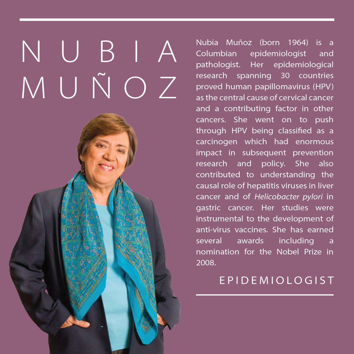 KUbiology's tweet image. We&apos;re celebrating Nubia Muñoz this #WomeninSTEMWednesday

Thank you to @JacMomrunning for making   these fantastic infocards!
#epidemiologist #HPVresearch #VaccineResearch #NobelPrizeNominee