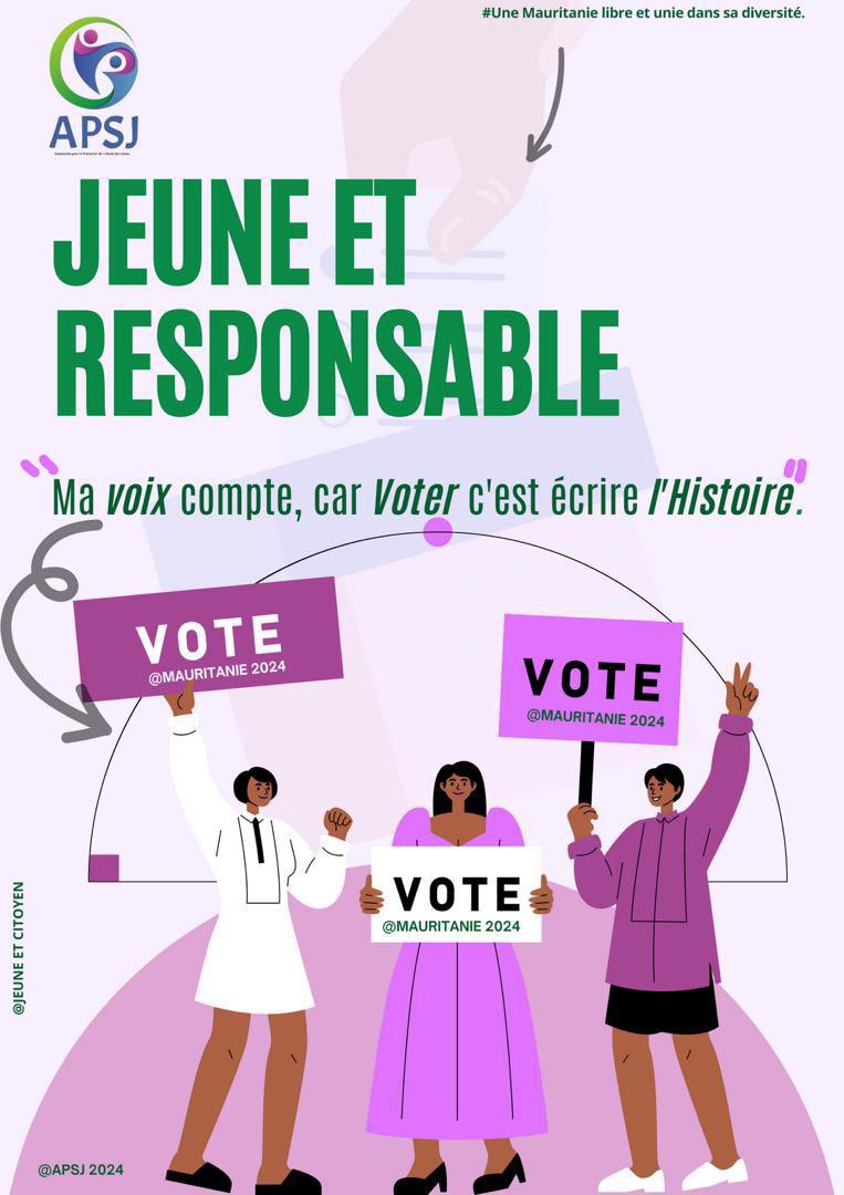 MAURITANIE : Exercer son droit de vote est un geste essentiel pour façonner l'avenir de notre société.
Chaque voix compte !

#APSJ
#Jeunesengagés
#vote2024
#Mauritanie