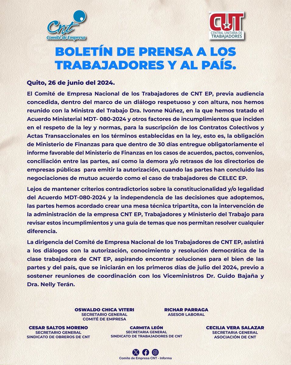 CntComite's tweet photo. Boletín de prensa a los trabajadores del país 🇪🇨
@Primicias @teleamazonasec @EcuavisaInforma @radioi99 @elnoticierotc @LaPosta_Ecu @eluniversocom @el_telegrafo 
@radio_sucre700 @DiarioExtraEc @elcomerciocom
#cntepunido #trabajadoresunidos https://t.co/C3NtTFXm2Q