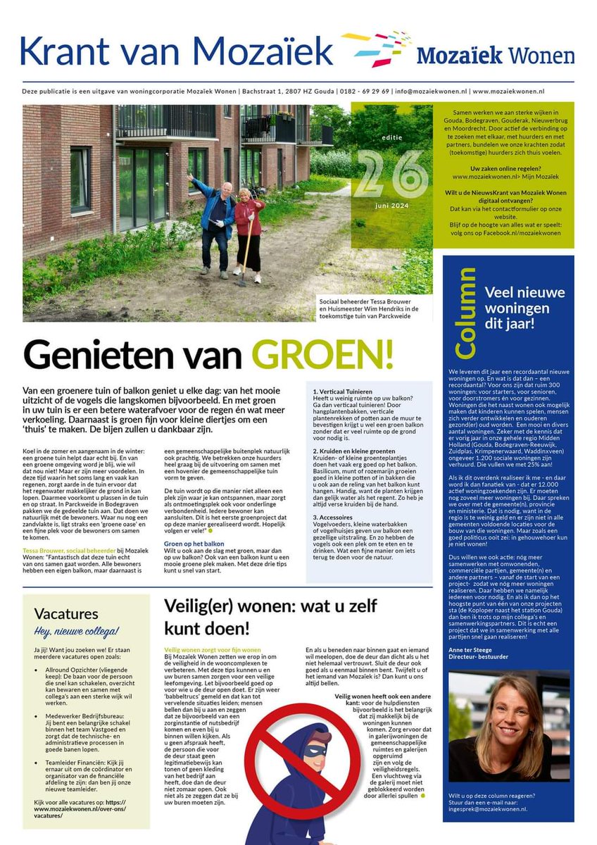 𝐆𝐫𝐨𝐞𝐧 𝐞𝐧 𝐯𝐞𝐢𝐥𝐢𝐠 𝐰𝐨𝐧𝐞𝐧: in deze Krant van Mozaïek staan tips voor een groener balkon, wie je wel en niet binnen moet laten in het complex en een interview met onze sociaal beheerder Tessa Brouwer! Lees hem hier: 👉 ap.lc/RpqcE