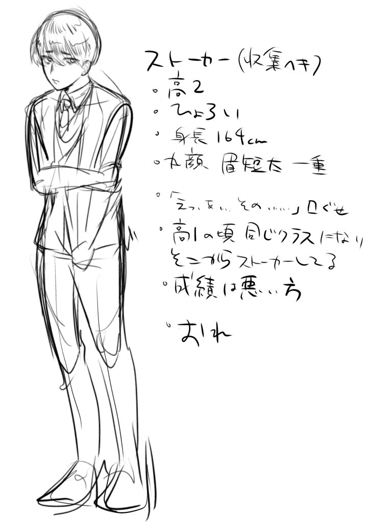 とりあえずキャラデザ(仮)考えた。ストーリーもこれから練っていく!立ち絵とか表情差分たくさん作りたい!今年中が無理でも来年いっぱいには完成させる💪 