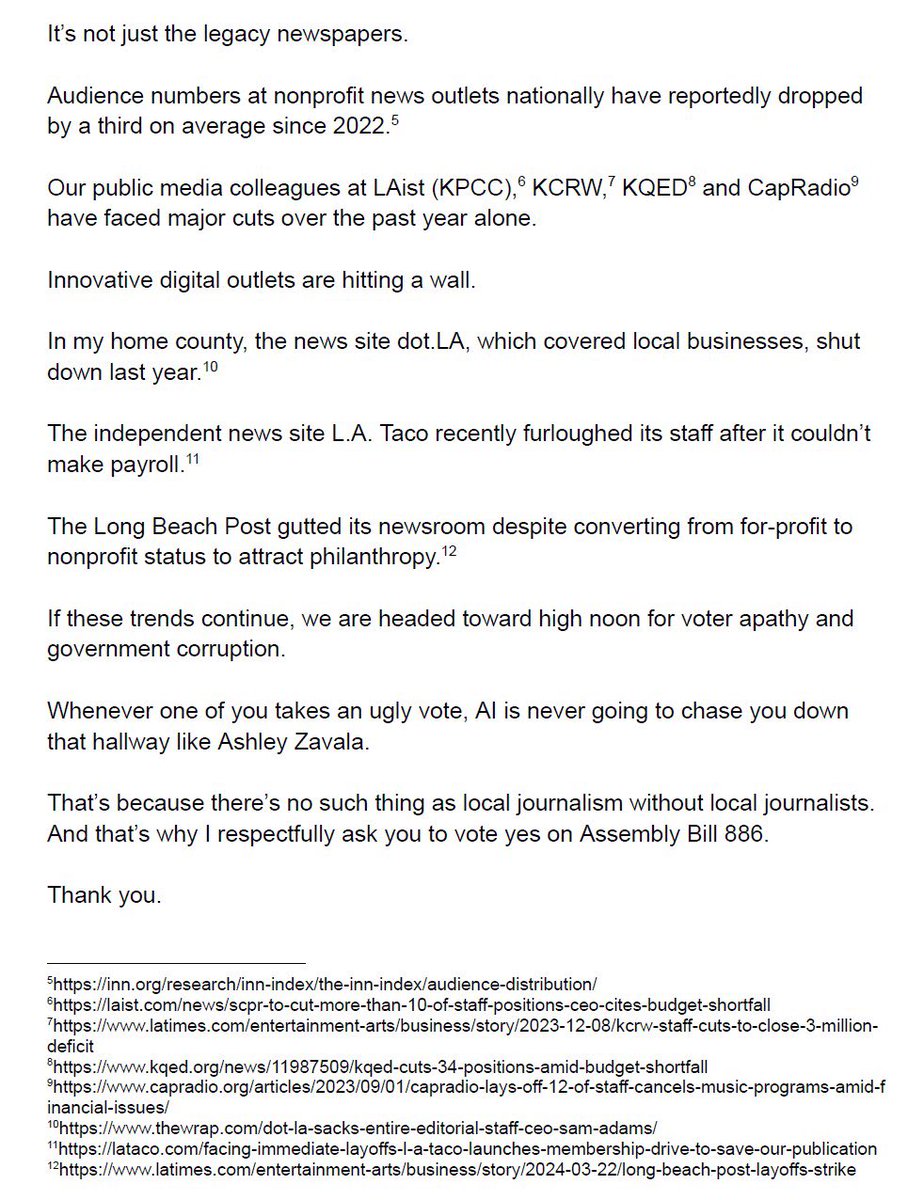 Matt Pearce 🦅🇺🇸 (@mattdpearce) on Twitter photo CJPA advanced 9-2 out of committee yesterday with an ever-bigger community coalition in support.
Here was my testimony for the journalist unions. I was stoked to also see support from our esteemed peers at <a href="/AAJAla/">Asian American Journalists LA</a>, <a href="/LatinoJournosCA/">Latino Journalists of California CCNMA</a>, <a href="/NPPA/">NPPA</a>, <a href="/OCPressClub/">OC Press Club</a>, <a href="/RTDNA/">RTDNA</a>, <a href="/SPJLA/">SPJLA</a> and more! CJPA advanced 9-2 out of committee yesterday with an ever-bigger community coalition in support.
Here was my testimony for the journalist unions. I was stoked to also see support from our esteemed peers at <a href="/AAJAla/">Asian American Journalists LA</a>, <a href="/LatinoJournosCA/">Latino Journalists of California CCNMA</a>, <a href="/NPPA/">NPPA</a>, <a href="/OCPressClub/">OC Press Club</a>, <a href="/RTDNA/">RTDNA</a>, <a href="/SPJLA/">SPJLA</a> and more!