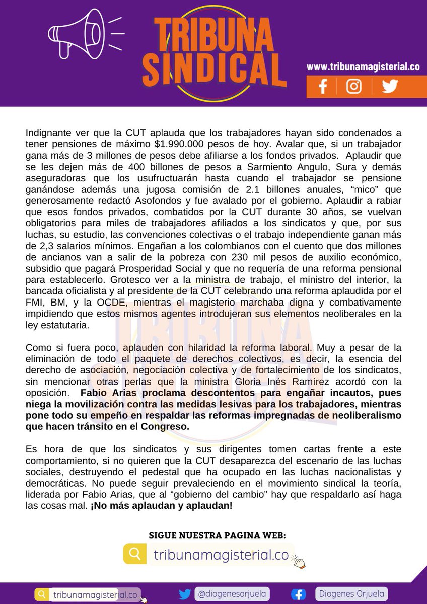 diogenesorjuela's tweet photo. El reciente triunfo de @fecode y el magisterio es un claro mensaje de que no puede seguir prevaleciendo en el movimiento sindical la teoría liderada por Fabio Arias, presidente de la @cutcolombia, que "al gobierno del cambio" hay que respaldarlo así haga las cosas mal". 

Mi columna de la semana: https://t.co/utLiiQVtef
