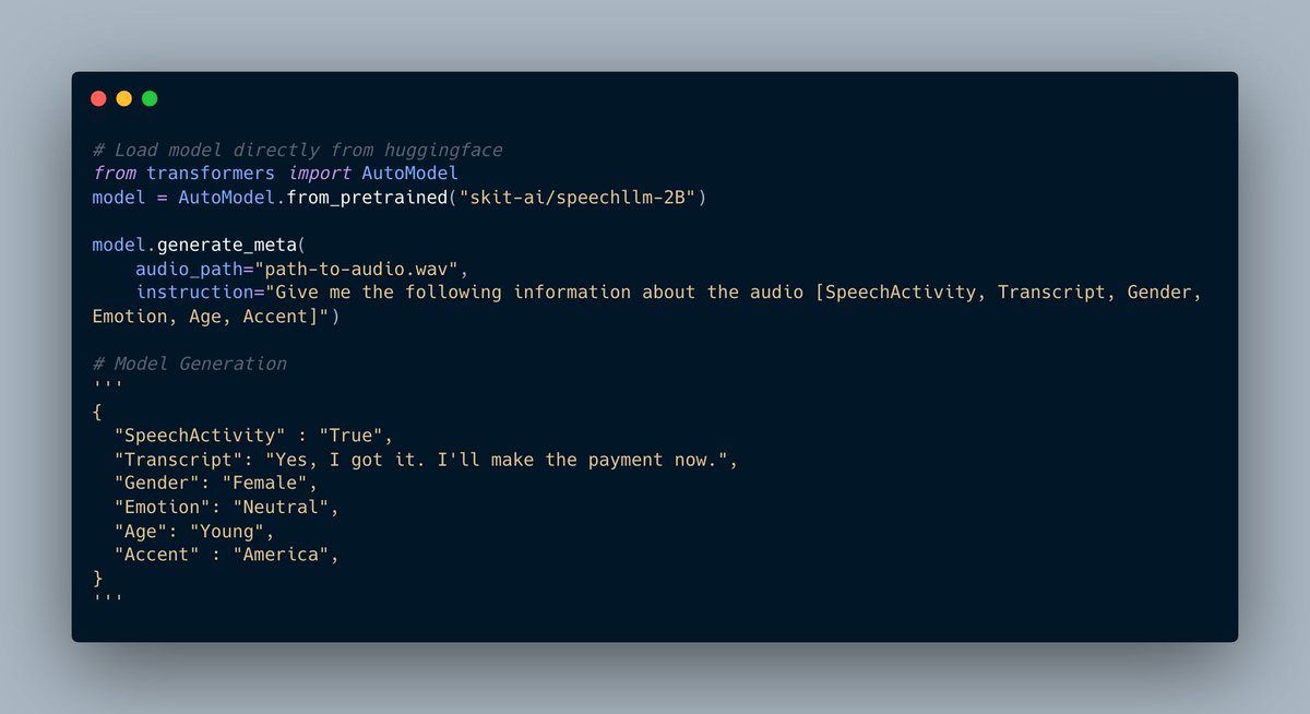shangethr's tweet photo. We at @Skit_ai are thrilled to announce the release of our latest Multi-Modal LLM models for Speech Understanding on @huggingface, along with a comprehensive GitHub repository containing the code to train and infer these models!

https://t.co/HLtrZdDS4c
https://t.co/3p2b2D6vgZ https://t.co/sfCtRl1dQ2