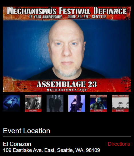 BlakLight (@blaklightband) on Twitter photo <a href="/Mechanismus/">Mechanismus</a> Festival: Defiance
S E A T T L E
We take the stage in just TWO days...
LIMITED single day tickets are STILL available for FRIDAY only!!
We play at 6 PM... Don't be late!!
<a href="/Assemblage_23/">Assemblage 23</a>
ESA
<a href="/HaujobbMusic/">Haujobb</a>
<a href="/llumen/">pieter coussement</a>
<a href="/MariKattman/">Mari Shear (Kattman)</a>
Eva X
<a href="/mattghart/">MATT HART (Band/DJ)</a>
Lewdo Zlex <a href="/Mechanismus/">Mechanismus</a> Festival: Defiance
S E A T T L E
We take the stage in just TWO days...
LIMITED single day tickets are STILL available for FRIDAY only!!
We play at 6 PM... Don't be late!!
<a href="/Assemblage_23/">Assemblage 23</a>
ESA
<a href="/HaujobbMusic/">Haujobb</a>
<a href="/llumen/">pieter coussement</a>
<a href="/MariKattman/">Mari Shear (Kattman)</a>
Eva X
<a href="/mattghart/">MATT HART (Band/DJ)</a>
Lewdo Zlex