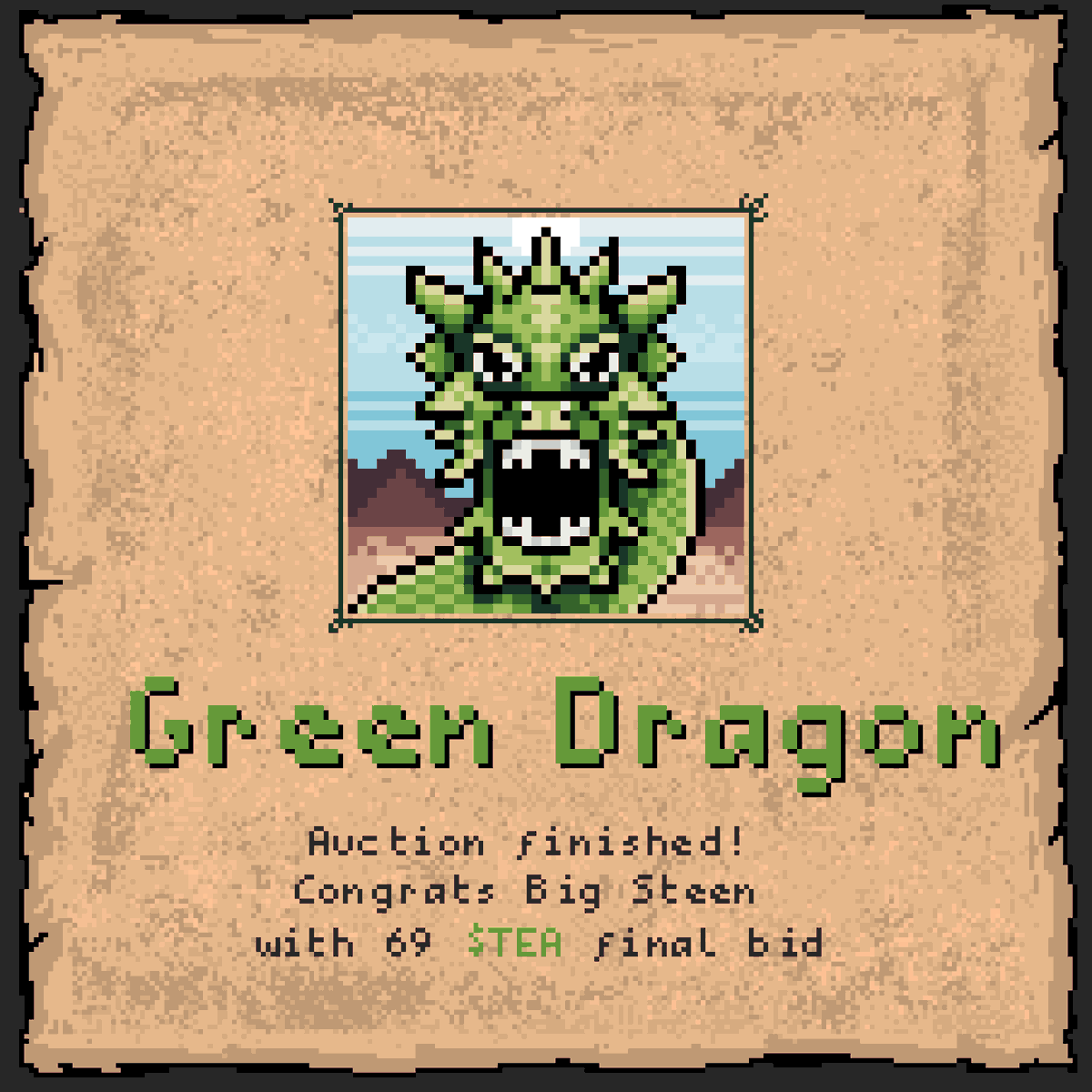 thocotw's tweet photo. Congratulation @BigSteenNFT 💚

Full deserve to get Green Dragon!

And thank you everyone for participate in auction! https://t.co/9HI0hxAxZZ