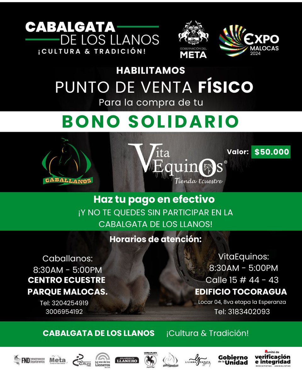 Expomalocasco's tweet photo. 🐴🤠 ¡Habilitamos punto de venta físico para que adquieras tu bono solidario fácil y con pago en efectivo! 

Recuerda que con tu aporte, además de participar en la Cabalgata de los Llanos, contribuyes a la obra social del Meta con la Fundación Camino de la Esperanza. https://t.co/Kobdr4uuco