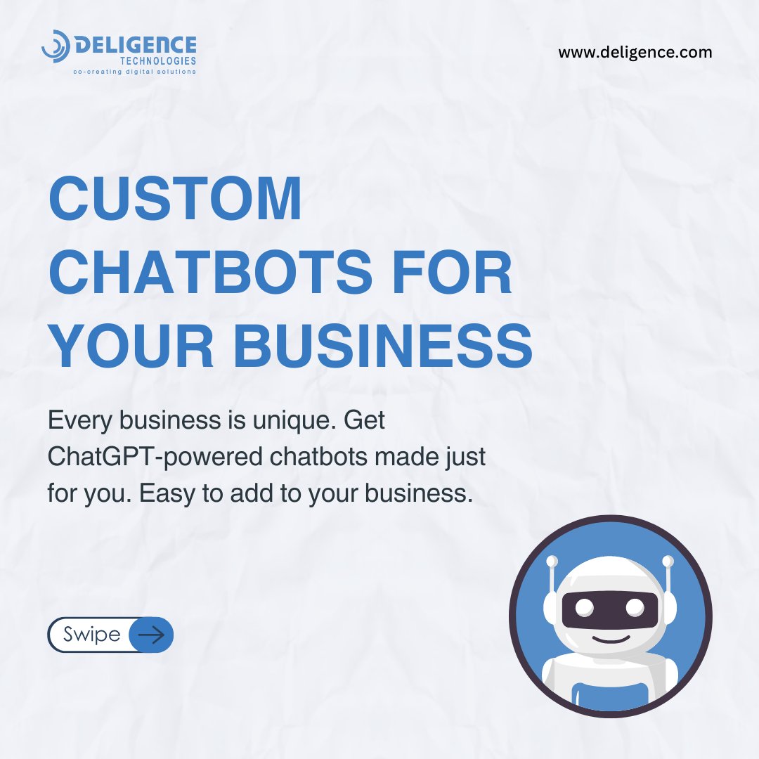 DeligenceTech's tweet photo. Benefits of custom ChatGPT-powered chatbots designed specifically for your business needs. 
Contact us today to learn how our bespoke chatbots can improve your business and start creating your perfect solution now!

https://t.co/Sez19wN5gB

#ai #chatgpt #customchatbot #aiservices https://t.co/2V0XTaxF96