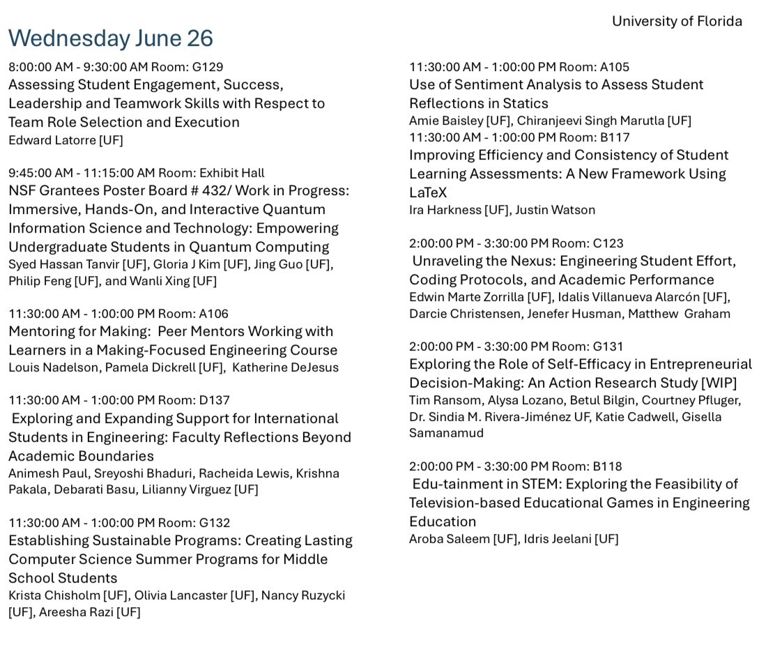 UF_Eng_Ed's tweet photo. It’s the final day of #ASEEAnnual! Here’s the list of UF presentations! #GatorEngineering https://t.co/Qf5fWt0tQc