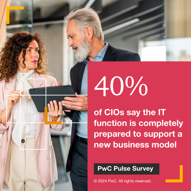 Feeling the pressure of tech disruption? You're not alone. 73% of CIOs and 74% of all execs cite tech disruption as a top risk to their business. Learn their strategies for moving forward in our new Pulse Survey. pwc.to/3XHDCA8
