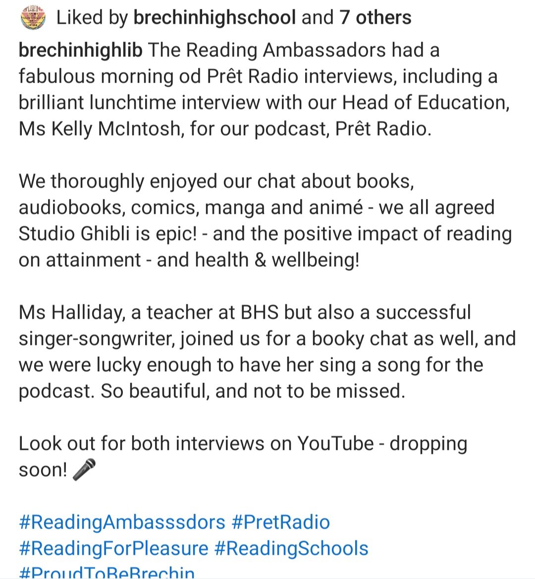 BrechinHighLib's tweet image. Fabulous interview with our Head of Education, @KellyMc38181813 for the Reading Ambassadors' Prêt Radio podcast this afternoon. Hugely enjoyable booky chat about the power of reading.
Dropping soon on YouTube! 🎤
#PretRadio #ReadingAmbassadors #ProudToBeBrechin @AngusCouncil