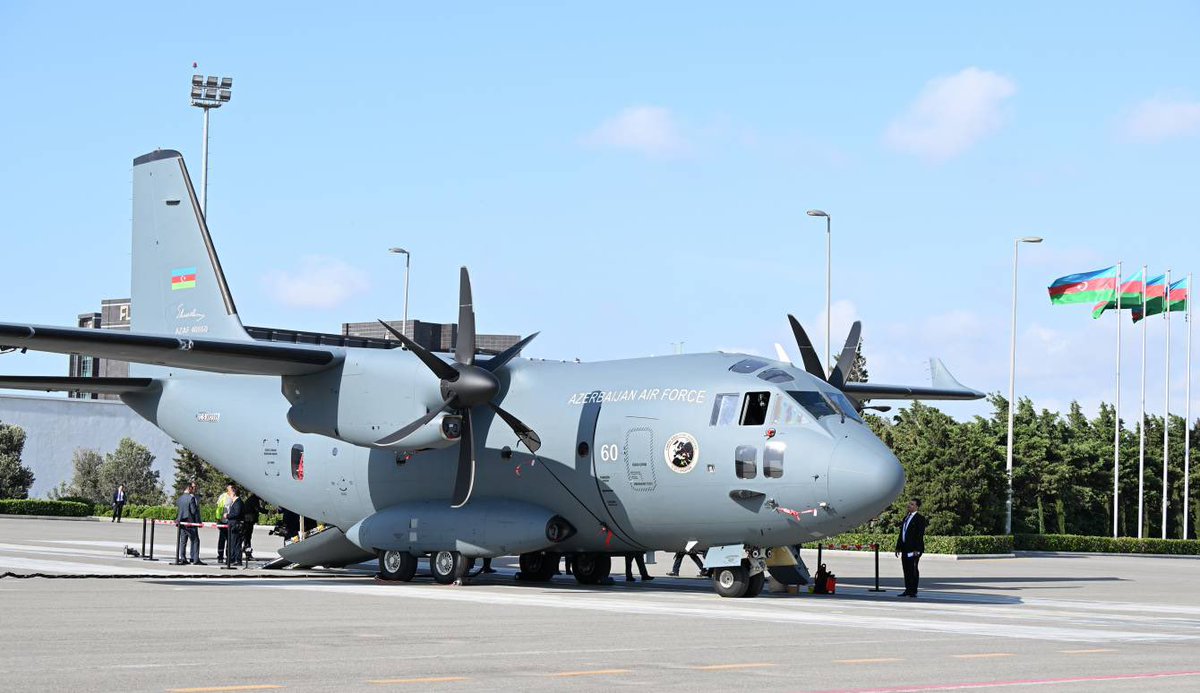 AybanizIsm's tweet photo. "C-27J Spartan" military transport aircraft of the Azerbaijan Air Force was unveiled today. The Italy-made airplane will be used in military transport operations, airdropping paratroopers &amp; cargo, as well as conducting medical missions #NewBreath #ArmyBuilding https://t.co/rJRaNvbTSU
