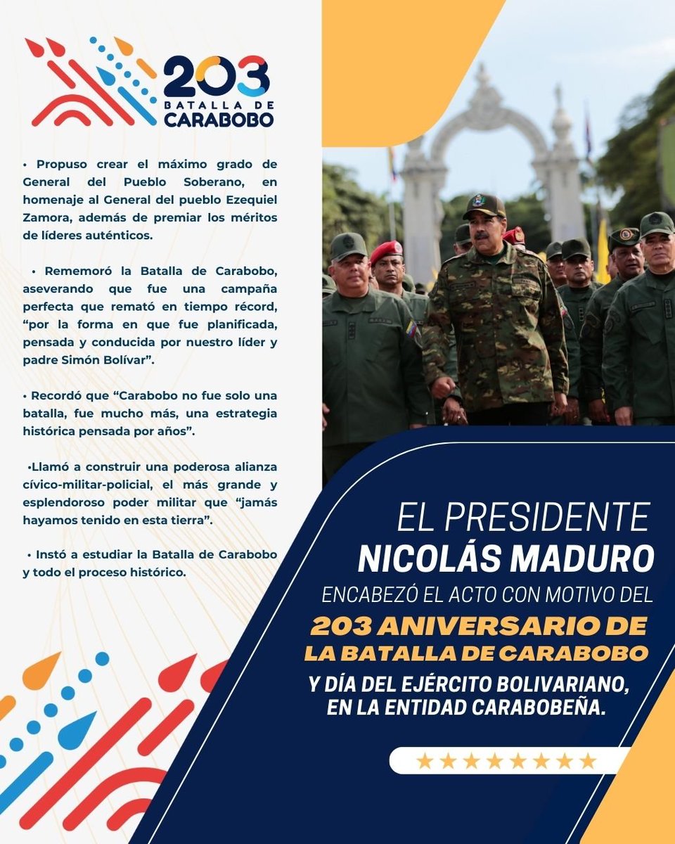 #BoletínInformativo || Este lunes, el presidente de la República y comandante en Jefe de la Fuerza Armada Nacional Bolivariana (FANB), <a href="/NicolasMaduro/">Nicolás Maduro</a>, encabezó el acto del 203° Aniversario de la Batalla de Carabobo y Día del Ejército Bolivariano. 

#26Jun