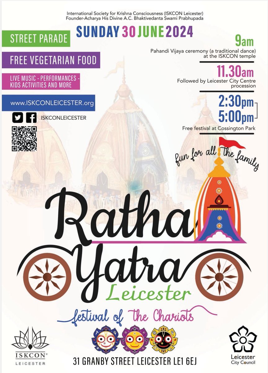 IskconLeicester's tweet photo. Hare Krishna Festival of Chariots returns to #Leicester on Sunday 30th June. Come along for a fabulous day out for all the family 

#rathayatra #leicester https://t.co/QelwAL1mYW