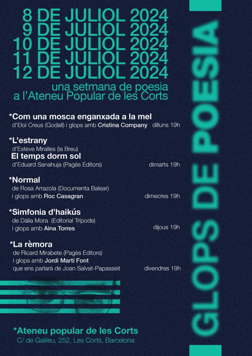 🏹📖 Comença juliol, comencen els Glops de poesia a l'<a href="/ateneupopularLC/">Ateneu Popular de Les Corts</a>!

Del 8 al 12 de juliol, vine a la setmana de poesia que organitzem a l'Ateneu Popular de les Corts a gaudir de la presentació de poemaris i a conèixer de primera mà poetes contemporanis dels Països Catalans.