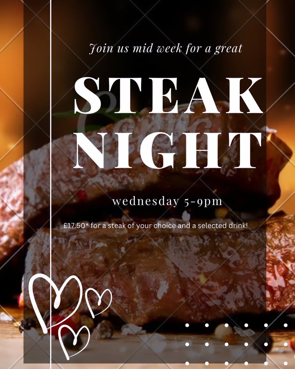 InnSully's tweet image. Wednesday brings you steak night here at the Inn.

Join us tonight for the steak of your choice, cooked to your preferred perfection with a drink for a bargain price of £17.50!! 🥩🍷🍻