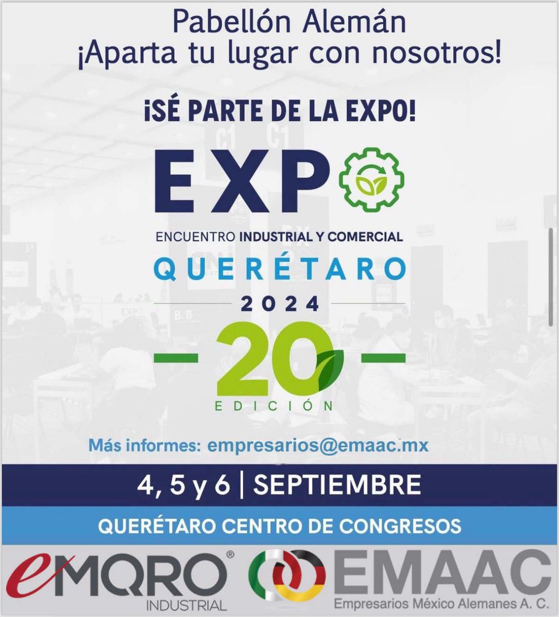 Emaac_oficial's tweet photo. A todas las y los empresarios, queremos invitarlos a que participen y sean parte de nuestro #PabellónAlemán en la próxima Expo Encuentro Industrial y Comercial 2024, con el objetivo de exponer sus capacidades de manufactura, distribución y servicios.
#EMAAC y @RevistaEMQro https://t.co/1vQ5n9yIGH