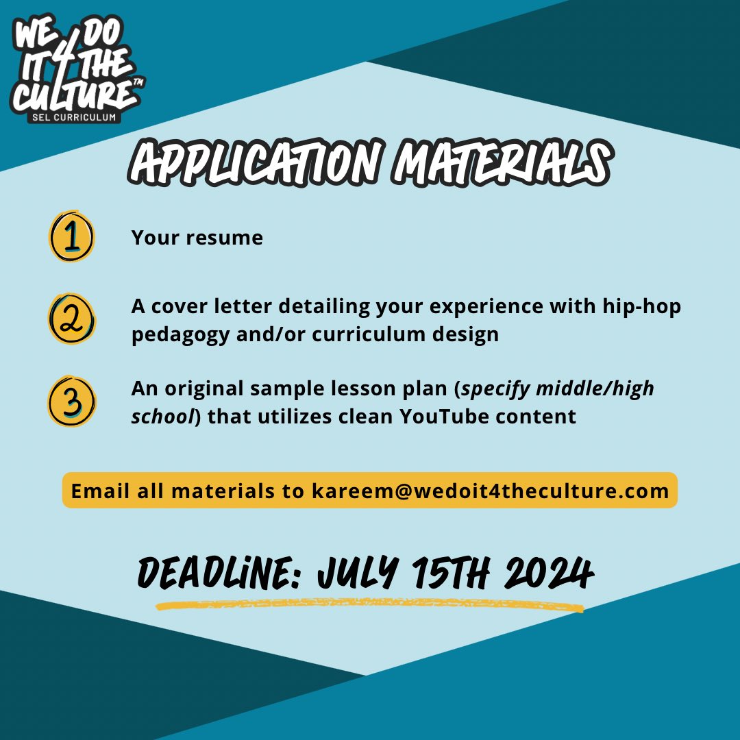 We are growing! Now hiring curriculum designers to create lessons! We Do it 4 the Culture is the only  SEL curriculum that leverages the power of Hip Hop culture!  Join the team and let’s go “All the Way Up” - Fat Joe
wedoit4theculture.com
Feel free to share! <a href="/TheRealHipHopEd/">#HipHopEd</a>