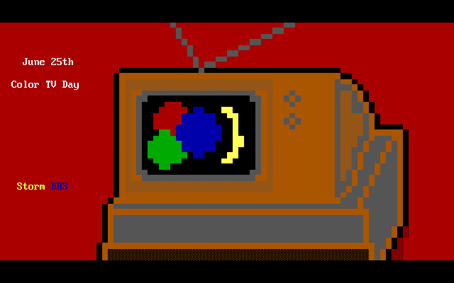 mistfunk's tweet image. Mistigram: somewhat appropriately, this is yesterday's news: #ColorTV Day. It may be a little underwhelming, but if you grew up watching the programming in black &amp;amp; white, your mind would have been blown by the leap forward. This #ANSIart screen was drawn by AdeptApril.