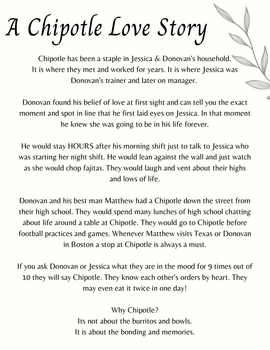 #CelebCardContest

Our Chipotle Wedding 🌯

Below is the love story of my fiancé and I, that began continues to blossom from <a href="/Chipotle/">Chip Clark</a>

These signs below will be displayed at our Chipotle catered wedding.

It’s more than burritos and bowls. It’s bonding and memories.
