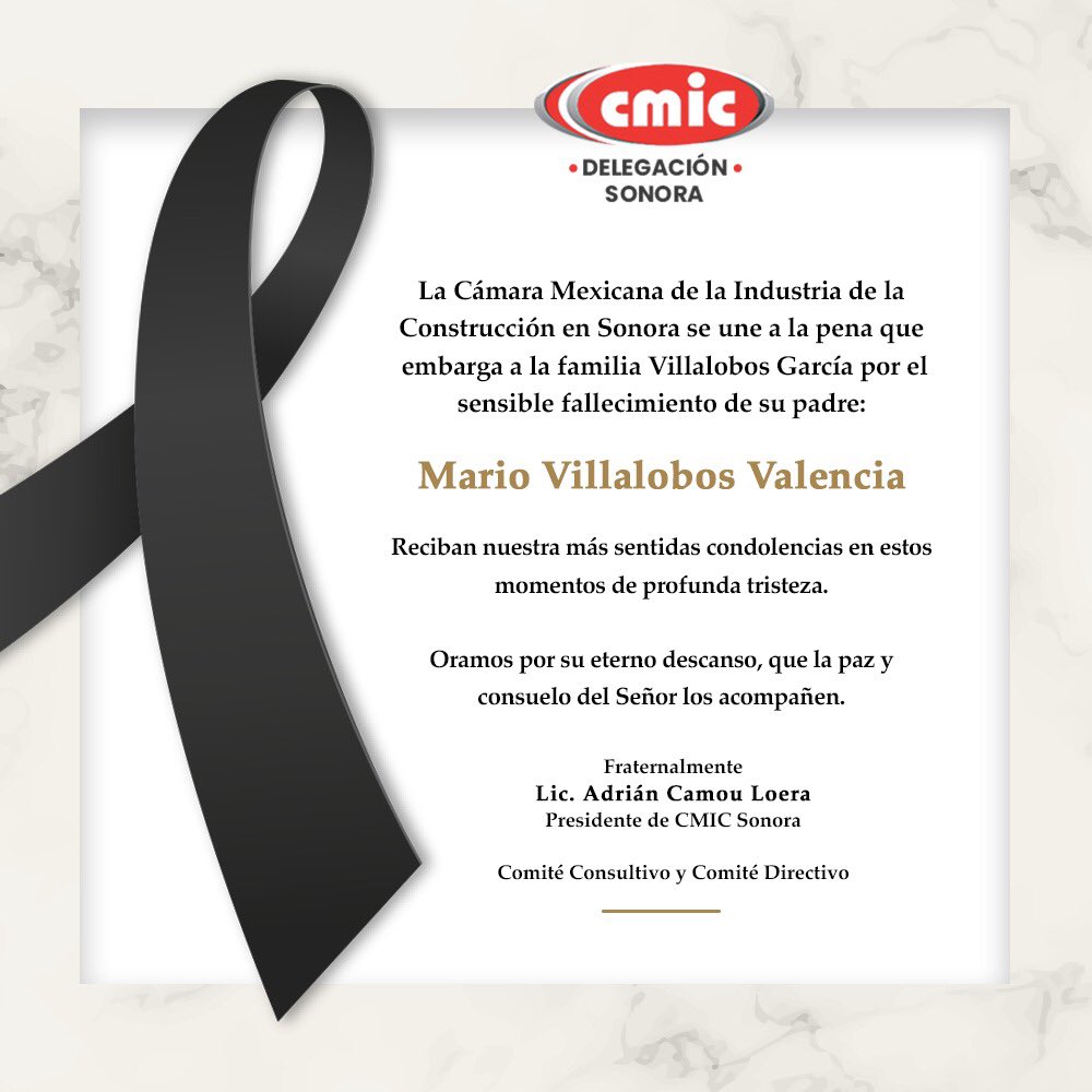 cmicsonora's tweet photo. 🕊️ En CMIC Sonora lamentamos profundamente el fallecimiento del Sr. Mario Villalobos Valencia.

Oramos porque su familia y amigos encuentren la resignación a tan lamentable pérdida.

Descanse en Paz. https://t.co/1JyUkMj09E