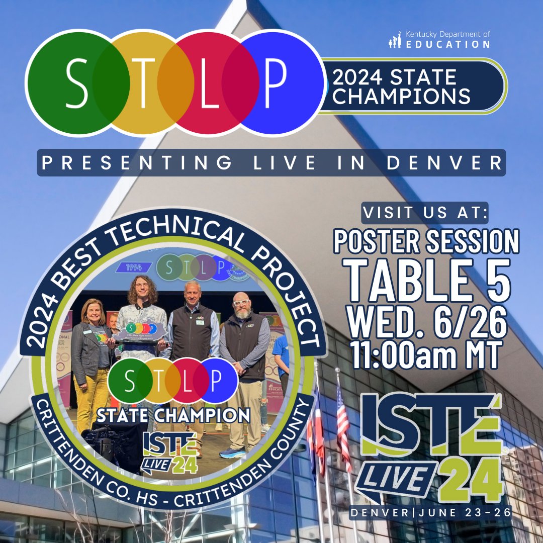 STLP Kentucky (@stlpkentucky) on Twitter photo For the past 4 days, Kentucky's students leaders have showcased their #STLP State Champion projects on an elite international stage at #ISTELive. Today 9:30-11a MT is your chance to learn from our 2024 Best Technical Project mastermind, Tanner C. from <a href="/CrittCoSchools/">CrittendenCoSchools</a>...(thread) For the past 4 days, Kentucky's students leaders have showcased their #STLP State Champion projects on an elite international stage at #ISTELive. Today 9:30-11a MT is your chance to learn from our 2024 Best Technical Project mastermind, Tanner C. from <a href="/CrittCoSchools/">CrittendenCoSchools</a>...(thread)